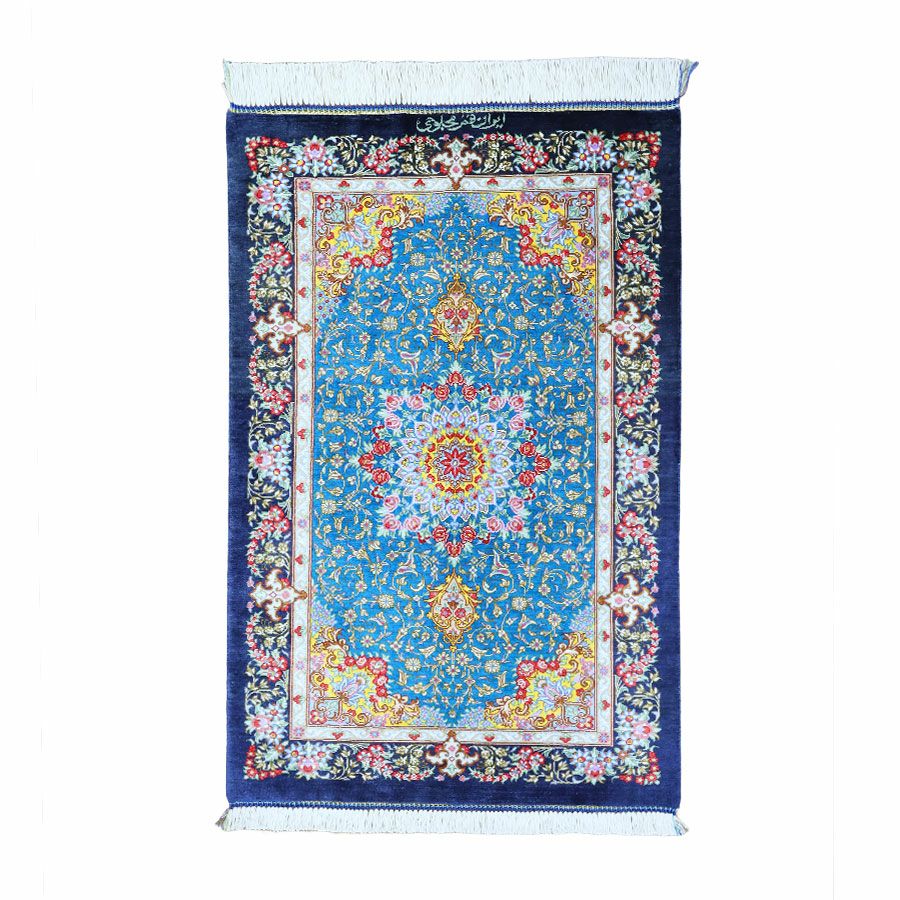 新品 振りかけ イラン産 ペルシャ絨毯 ダークブルー 花柄 匿名配送