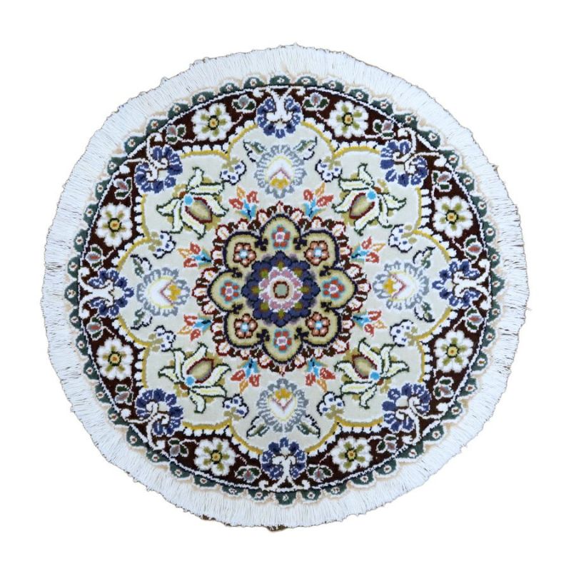 ナイン産 ペルシャ絨毯 円形 ウール＆シルク 50cm ペルシャ絨毯 ナイン産 ウール 約55cm x 55cm｜SATHI RUGS